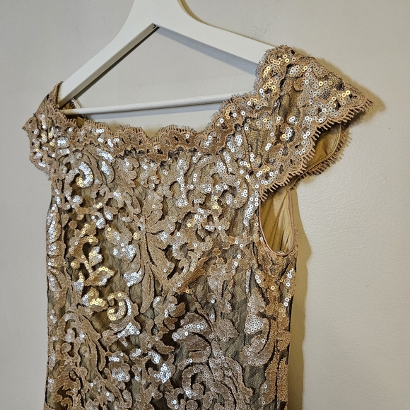 Tadashi Shoji Odette Dress Elegant Gold Lace Gown Wedding Mother of Bride Groom - Picture 3 of 14